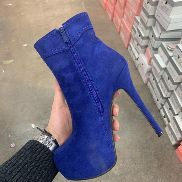 Ring Detail Stiletto Platform Ankle Boot in Deep Blue Faux Suede - Picture 5 of 9